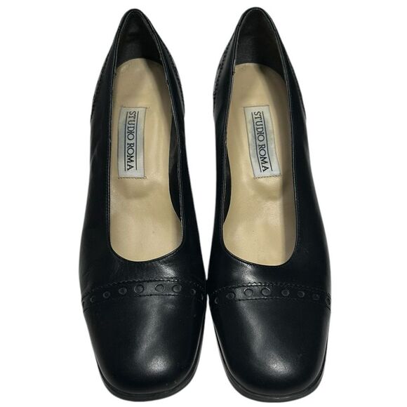 Vintage Leather Black Heels Studio Roma Block Heel Closed Toe Heels Size 8.5 - Picture 2 of 12